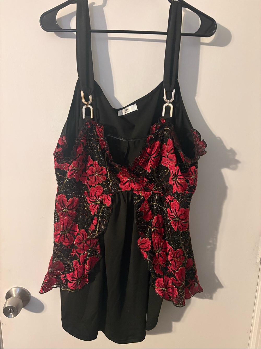 Rosegal Women’s Black Tank Top with Red Floral Lace Overlay 4xl